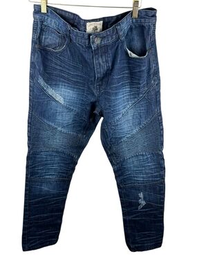 Smoke Rise Men's Blue Distressed Moto Biker Jeans – Slim Fit 36x32. #267
